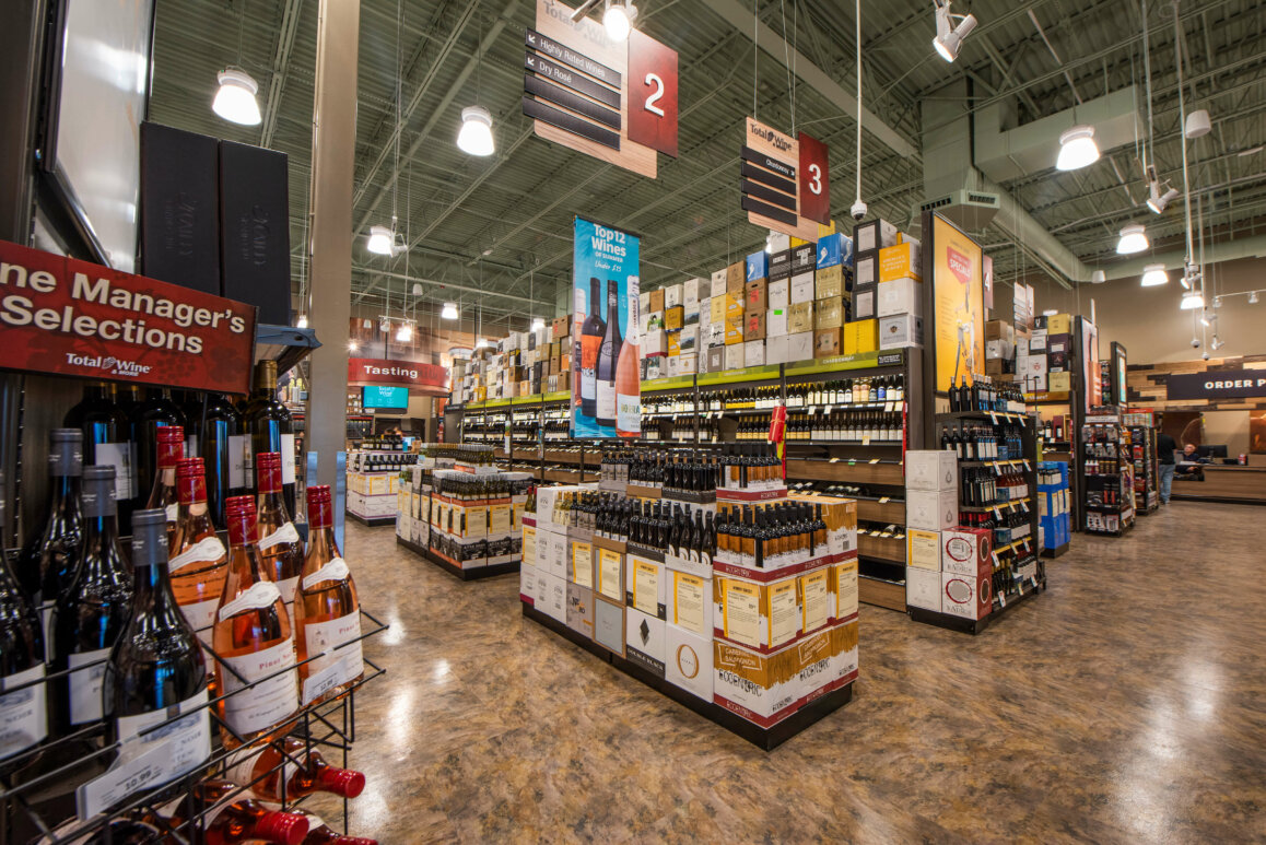 Interior shot of wine store.